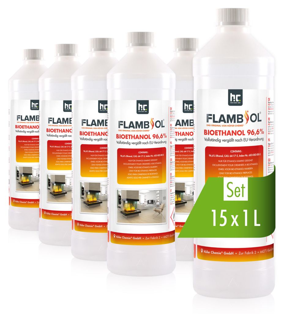 15x 1 L FLAMBIOL® Bioethanol 96,6% Premium für Produktbild 