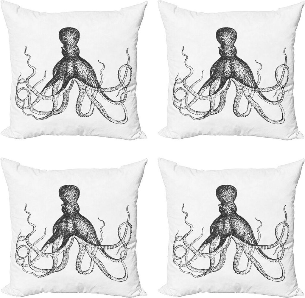 ABAKUHAUS Tintenfisch Kissenbezug Set (4 Stück), Wassertier-Skizze, Moderner Doppelseitiger Digitaldruck, 60 cm x 60 cm, Weiß Koksgraue