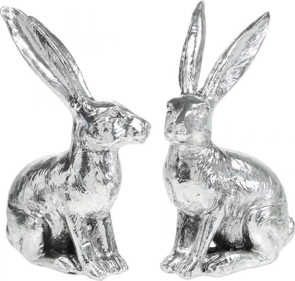 Osterhase Dekofigur Silber 13cm 2er Set Polyresin Antik-Look Osterdeko Nostalgisch, 2 Stück