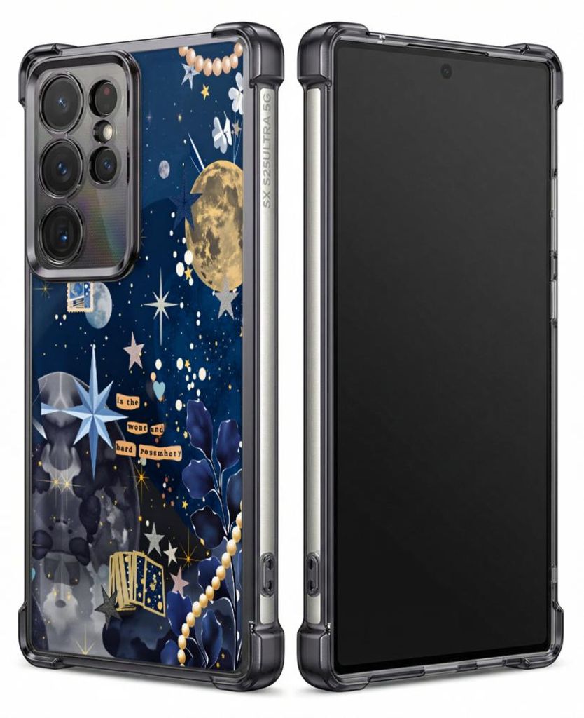 Personalisierte Hülle mit Bild für Samsung Galaxy S24 FE Elektroplattiert TPU Stoßdämpfer Handyhülle mit Mond Sterne Perlen Blumen Nacht