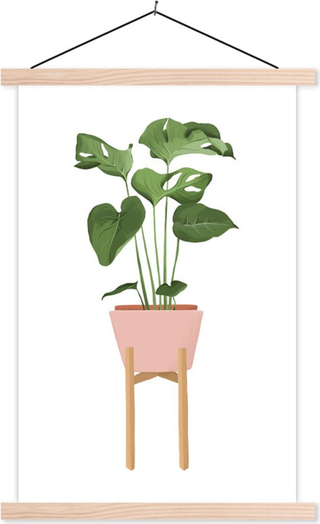 MuchoWow Textilposter Zimmerpflanzen - Blumentopf - Monstera 40x60 cm mit holzfarbenen Rahmen - Poster