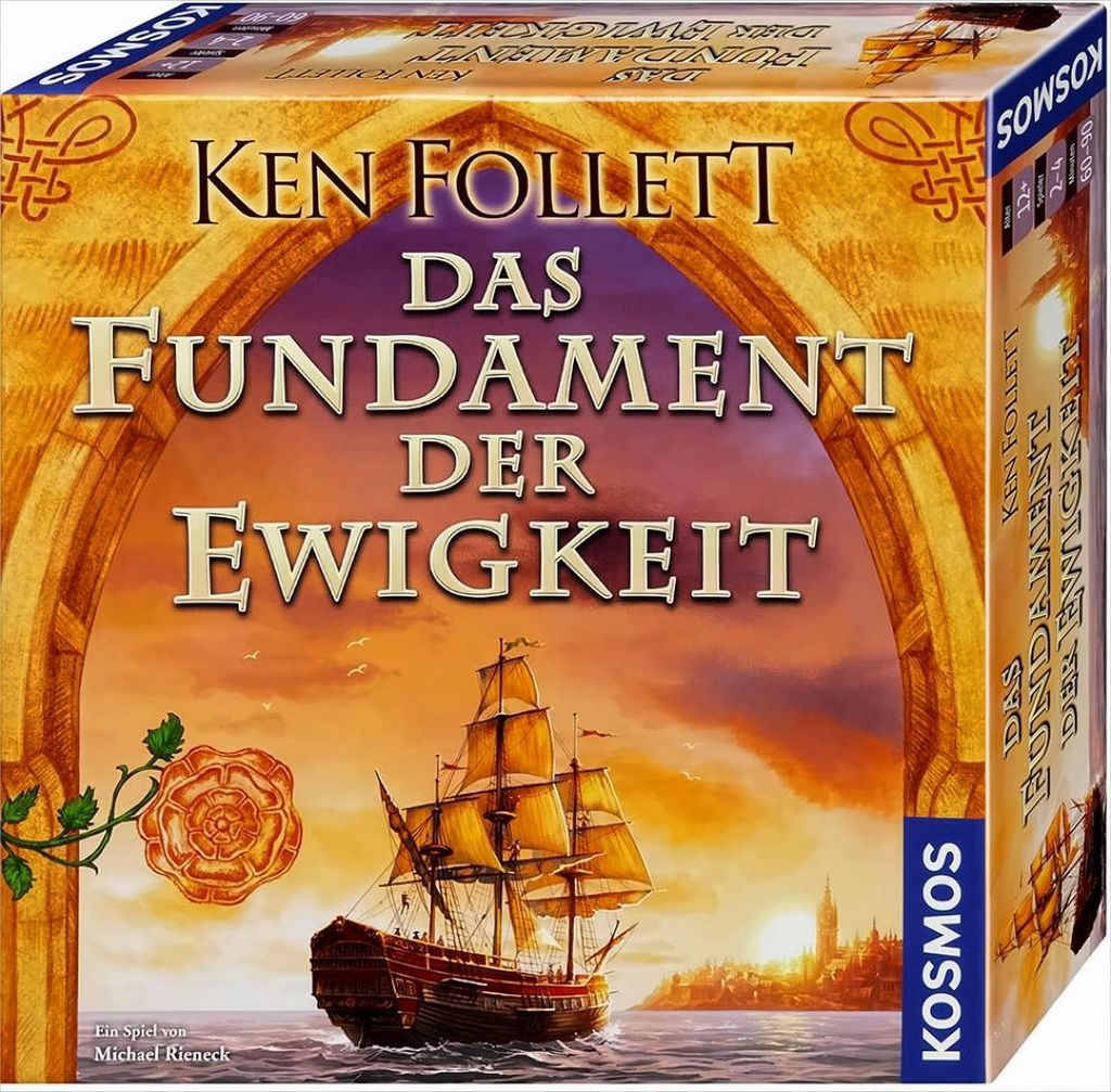 The image shows the box art for a board game based on Ken Follett's novel 'The Pillars of the Earth'. The artwork depicts a sailing ship in the foreground with a city skyline in the background, framed by an arched architectural element. A rose is also visi