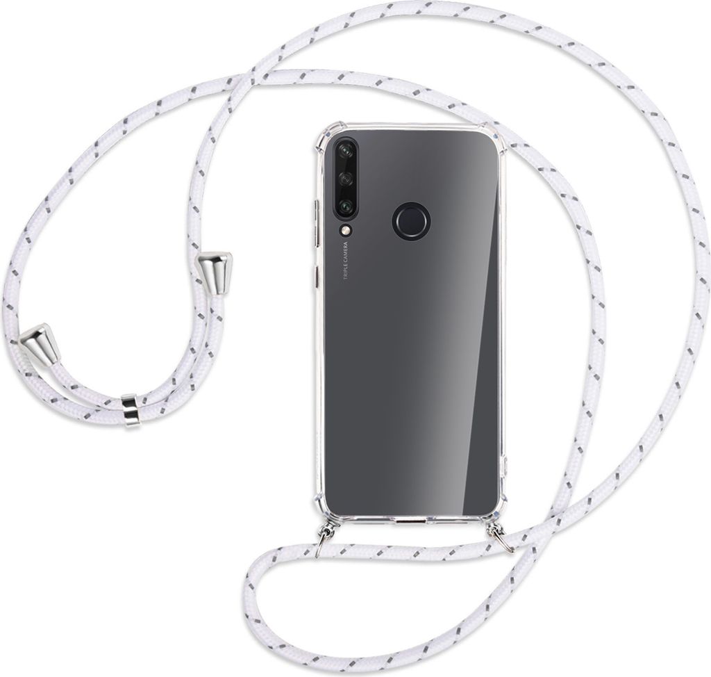 Handykette Backcover-Schutzhülle mit Band (Metall silberfarben) für Huawei Y6p - weiß/grau