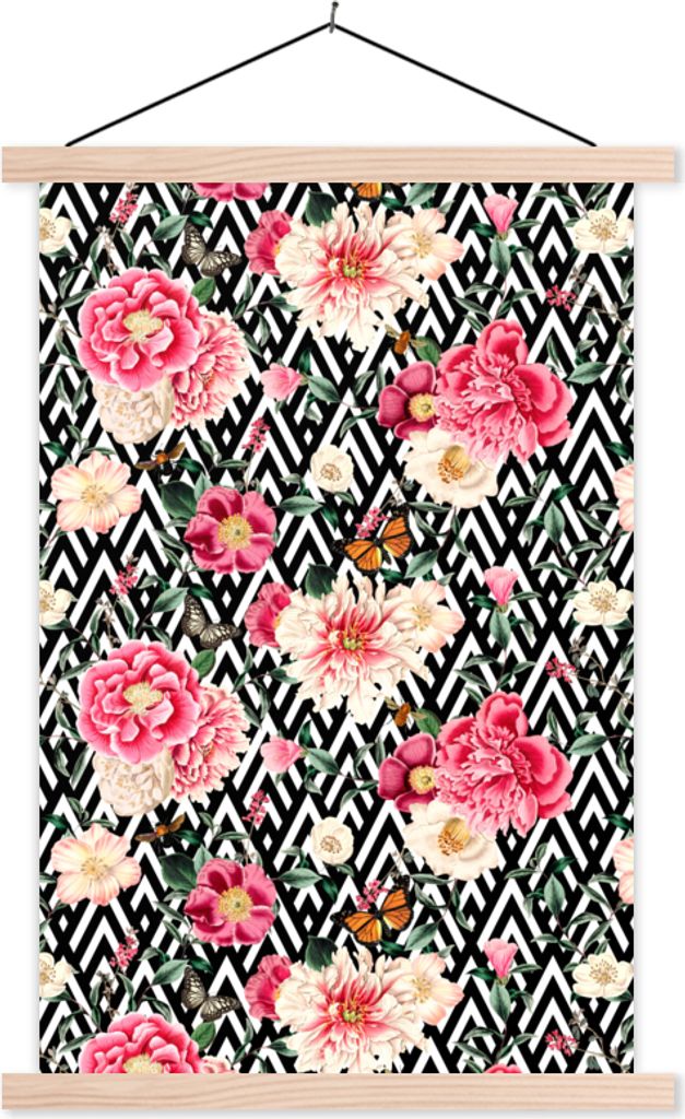 MuchoWow Textilposter Blumen - Rosa - Schmetterling 60x90 cm mit holzfarbenen Rahmen - Textil