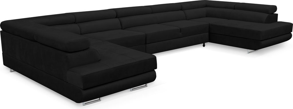 A black U-shaped sectional sofa is shown from a slightly elevated side angle against a white background.