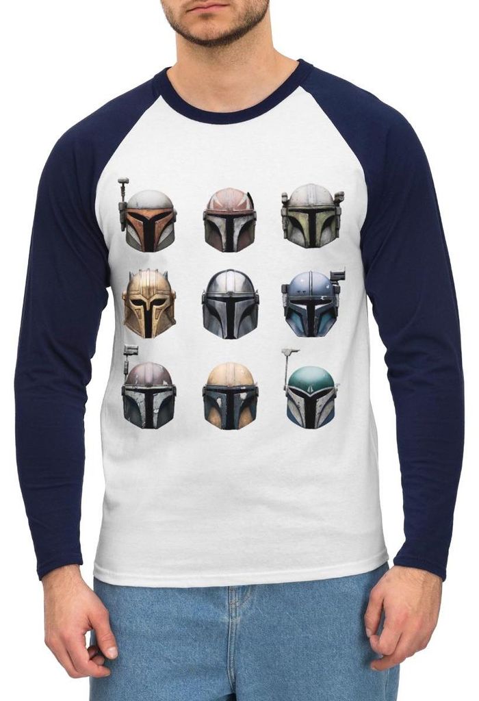 Star Wars: Mandalorian Mandalorianische Helme Baseball Langarmshirt Herren, S, Weiß/Navy