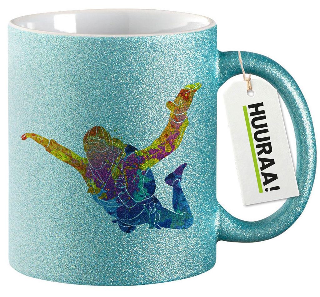 Huuraa Glitzertasse Skydiving bunte Silhouette 330ml Blau Keramik Kaffeebecher Geschenkidee