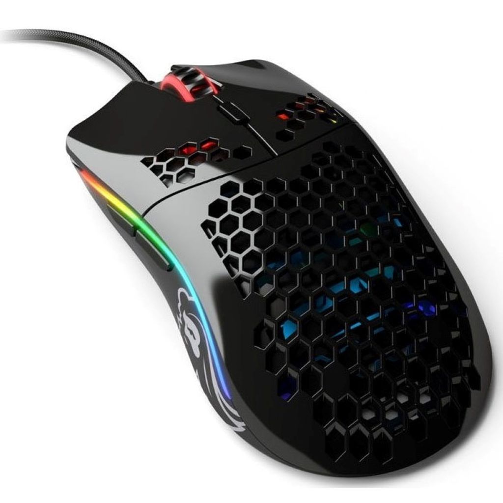 A black gaming mouse with honeycomb cutouts and RGB lighting, shown from a diagonal angle on a white background.