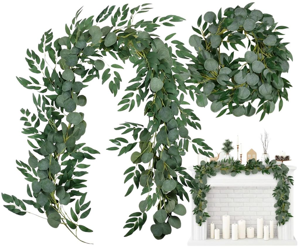 A collage of artificial eucalyptus garlands and a wreath, with one garland draped over a fireplace mantel.