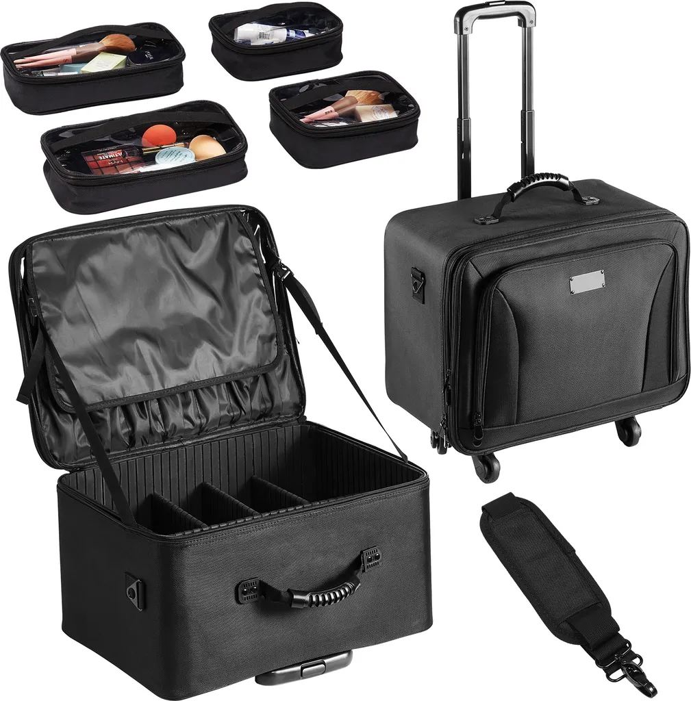 Mallette de maquillage trolley à 3 niveaux avec roulettes et poignée
