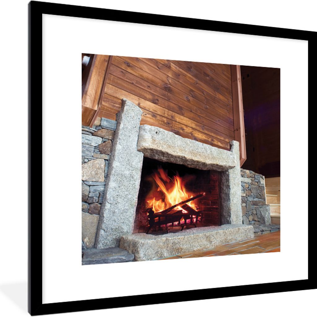 MuchoWow Gerahmtes Poster Kamin aus Stein 40x40 cm - Poster mit Schwarzem Bilderrahmen Wandposter Rahmen Foto Bilder - Poster - Plakat im Rahmen
