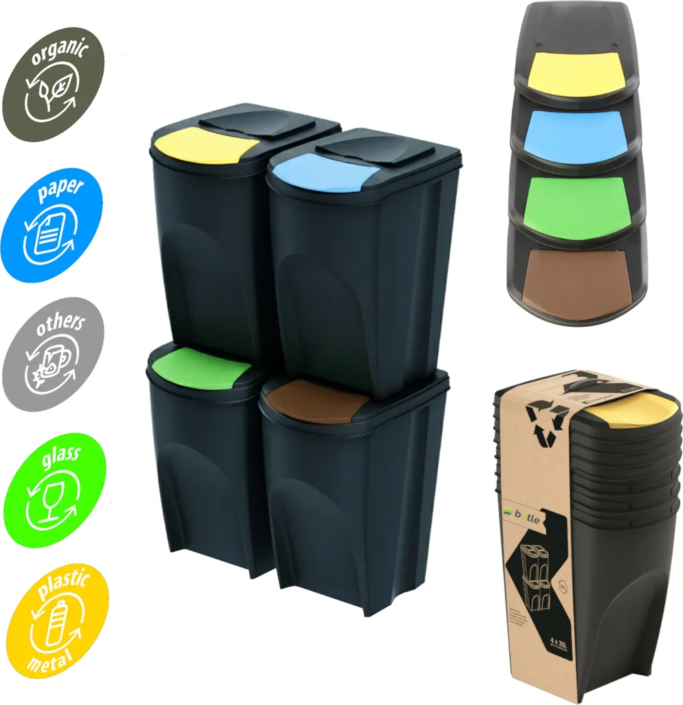 Poubelle tri sélectif cuisine et garage set 4 bacs 35L noir 140L