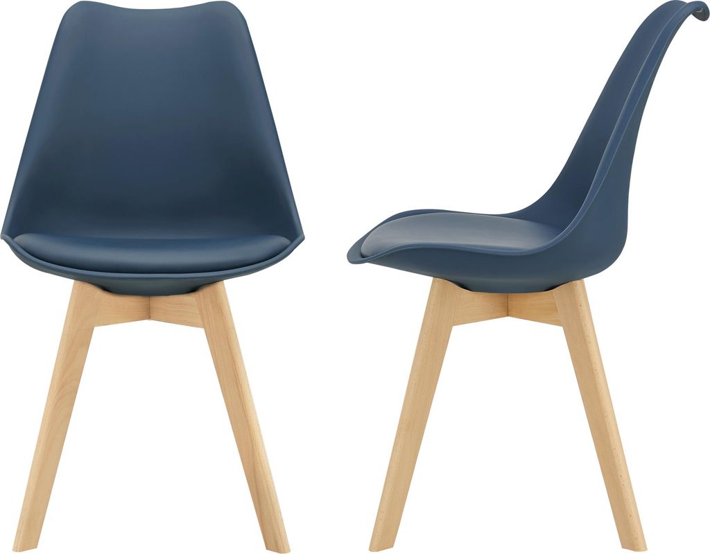 Two blue chairs with wooden legs are shown from different angles against a white background.