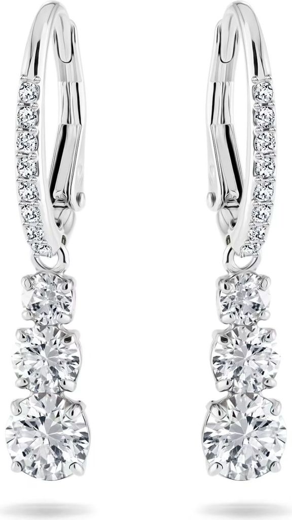 A pair of diamond drop earrings on a white background.