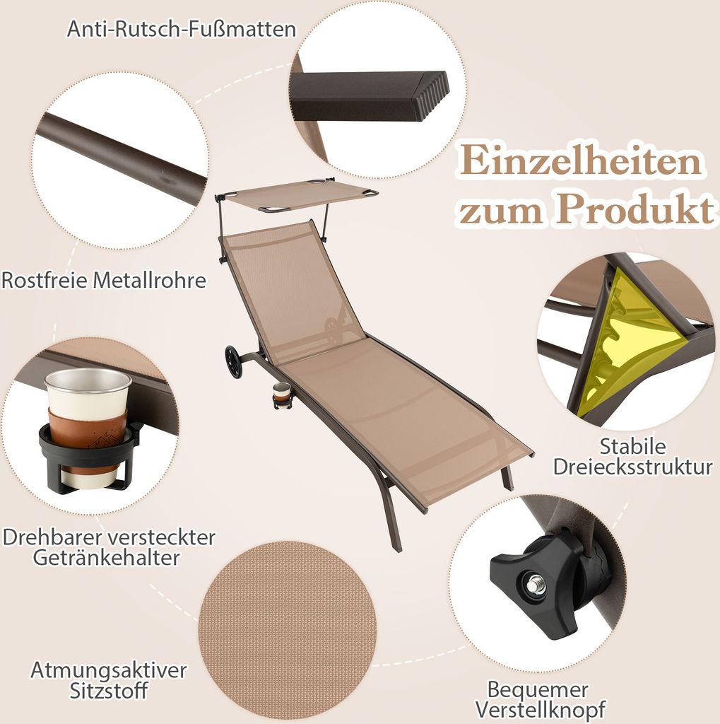 COSTWAY Sonnenliege mit Rollen, Dach und Getränkehalter, Produktbild 6