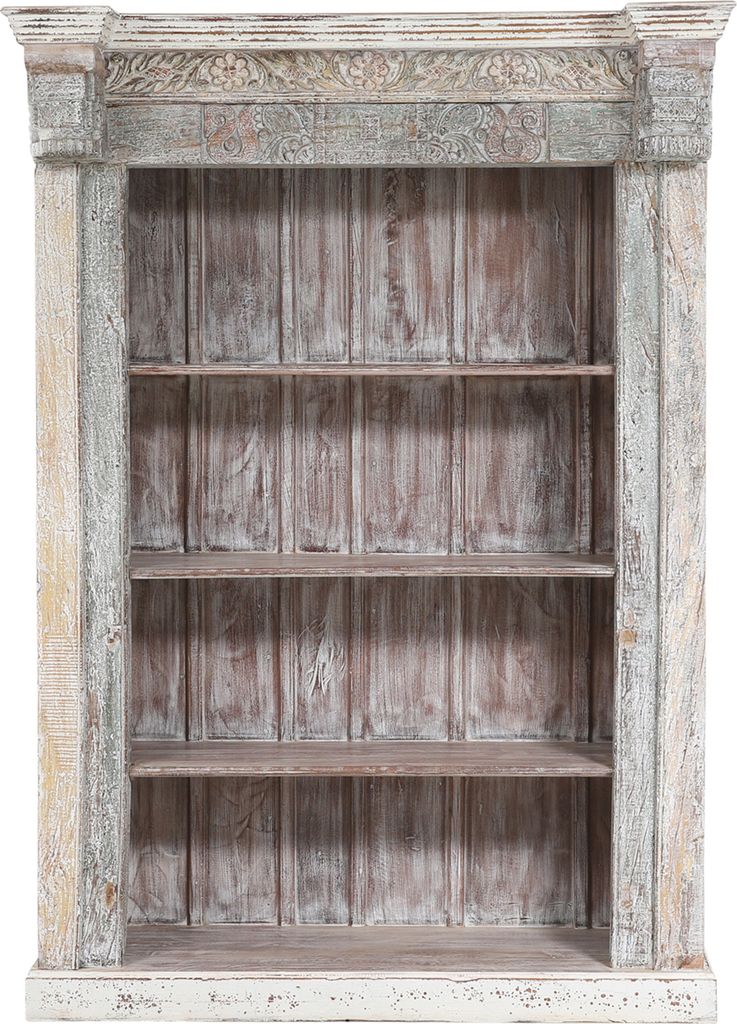 Handgeschnitztes Regal aus Teak Massivholz – 206 cm, Vintage Braun | Standregal für Wohnzimmer, Diele & Schlafzimmer | Offenes Bücherregal, Rau...