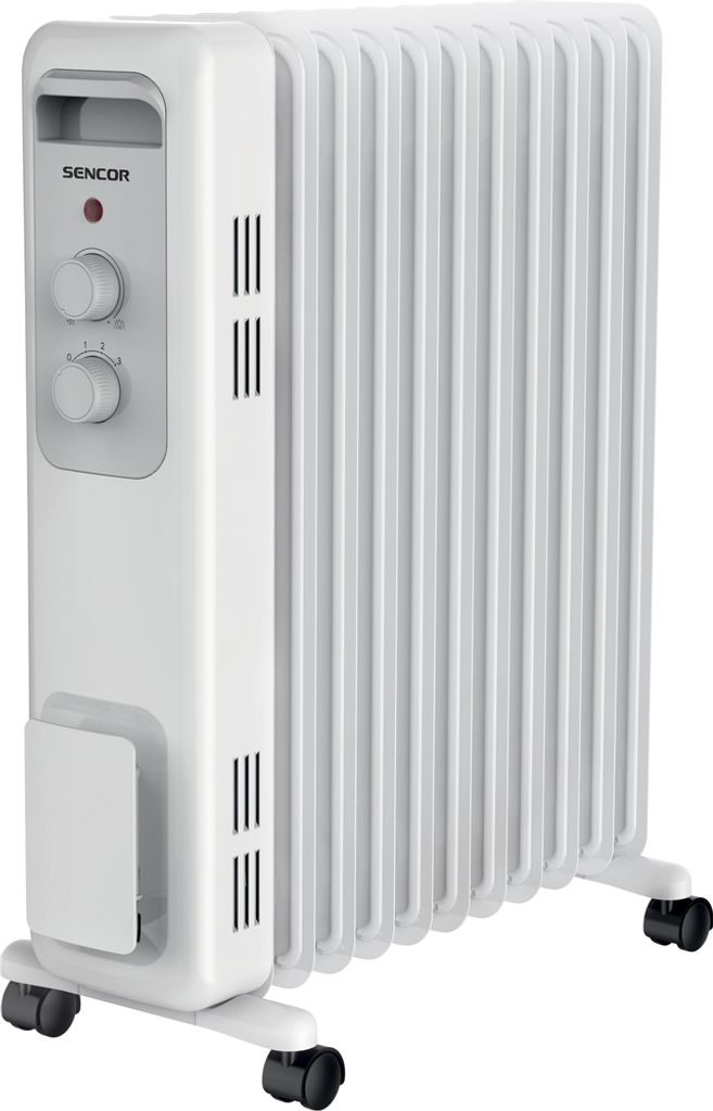 A white SENCOR electric oil radiator with wheels is shown against a white background.