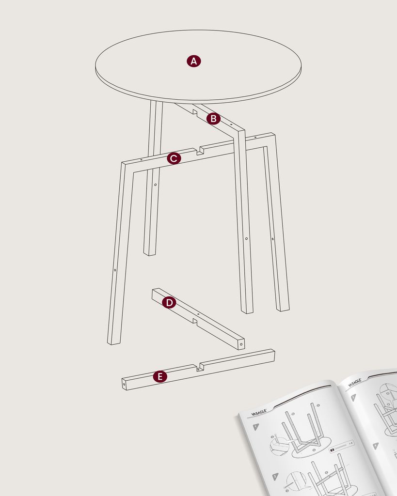 Exploded view diagram of a round table and its components for assembly.