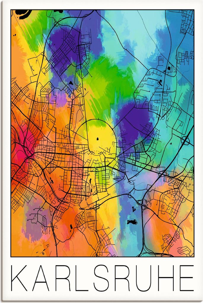 ARTland Leinwandbild Retro Karte Karlsruhe Aquarell Größe: 60x90 cm