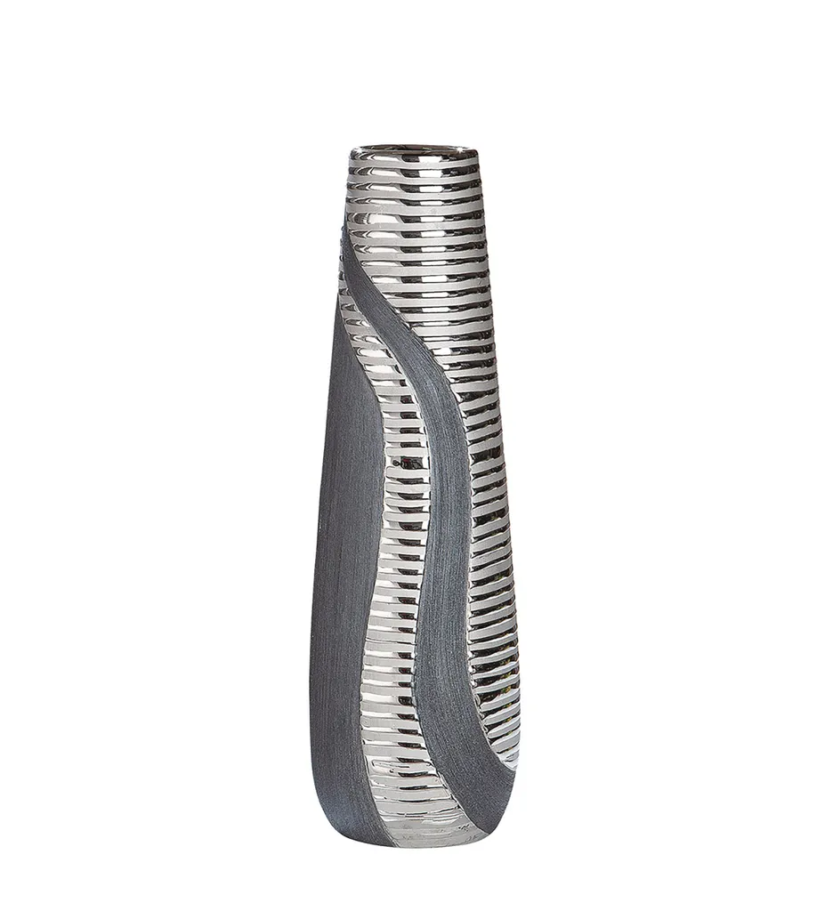 Vase en céramique rayée Sevilla anthracite et argent, design haut 49 cm