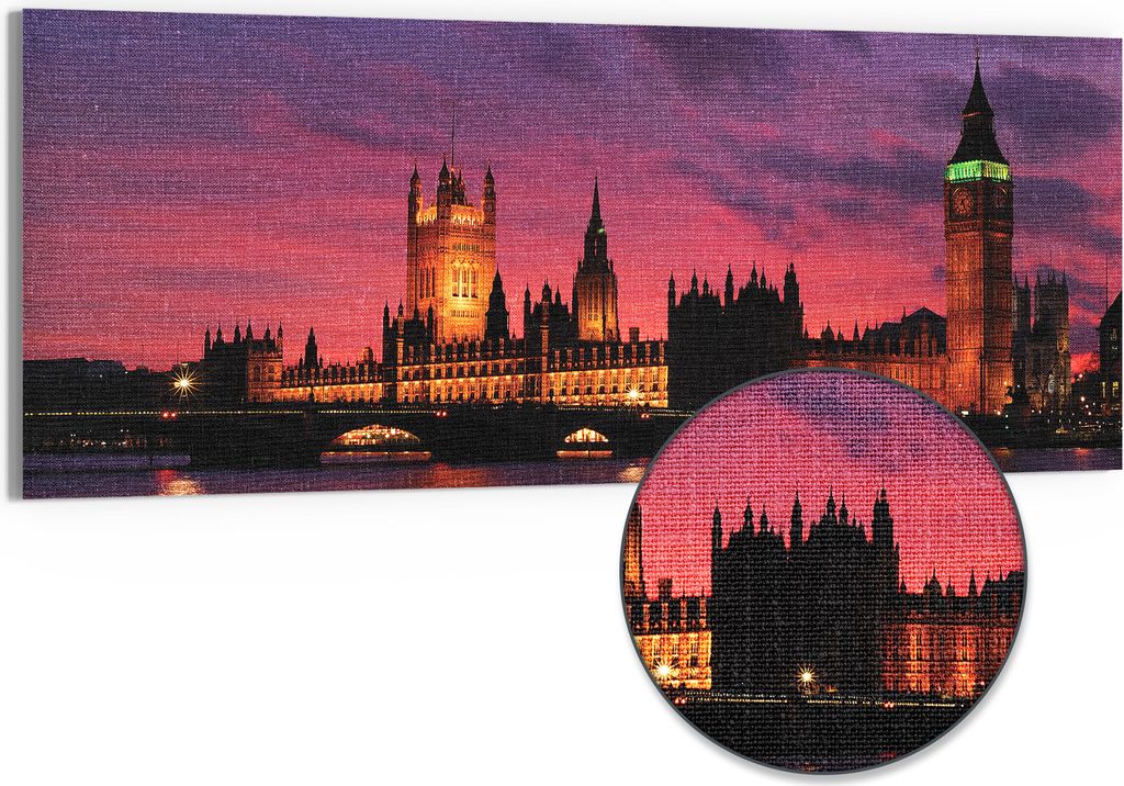 DEQORI Hybrid Leinwand Bild 150x60 cm 'London im Abendrot' Wandbild Glas flach modern