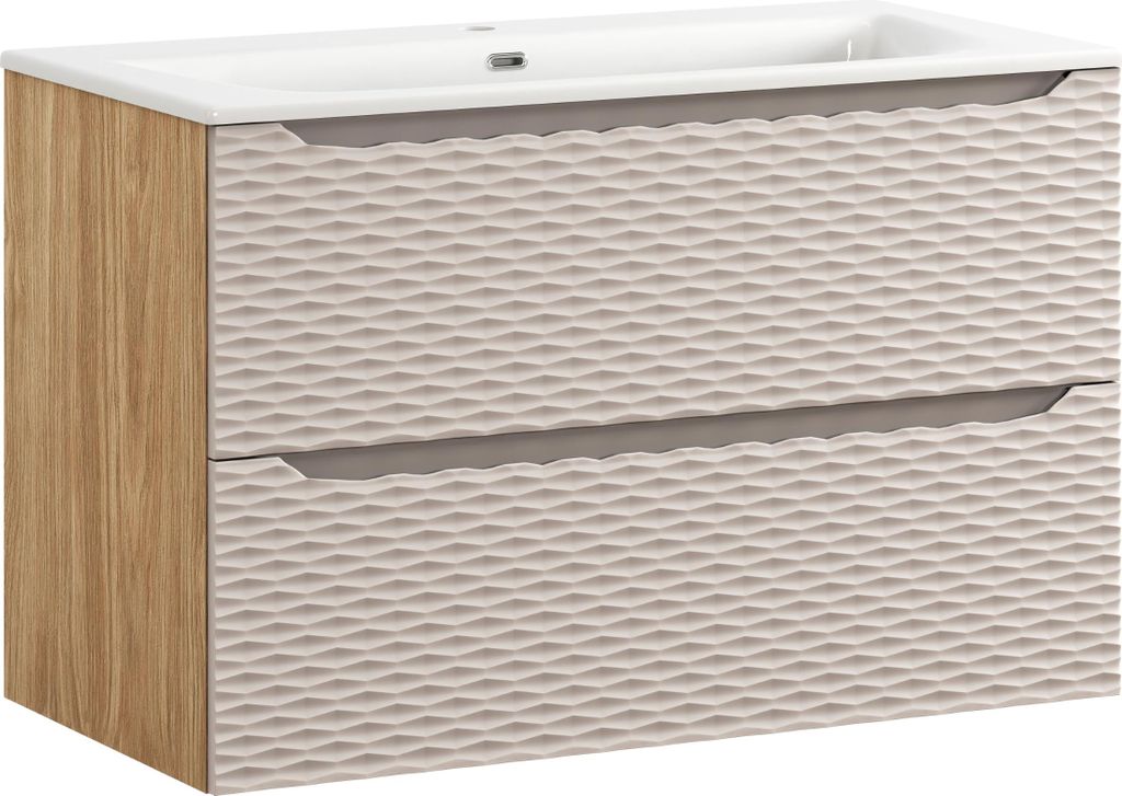 Comad | Badezimmermöbelset - 90x57x46 cm - Eiche geölt, Beige - Mit Waschbecken und 2 Schubladen