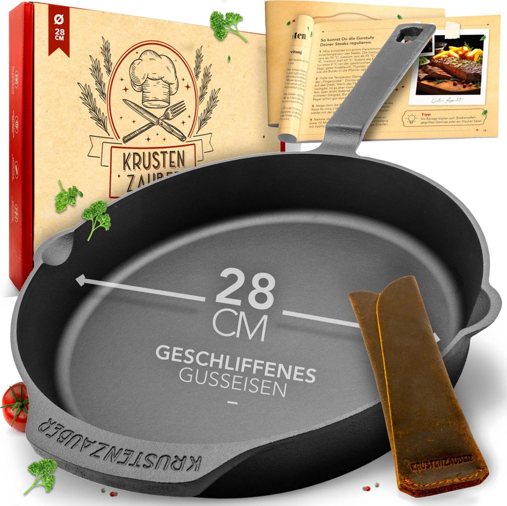 KRUSTENZAUBER 28cm Gusseisenpfanne Induktion - Fein Geschliffene Gusseisen Pfanne - Ideale Grillpfanne Induktion, Eisenpfanne, Cast Iron Pan, Bratp...