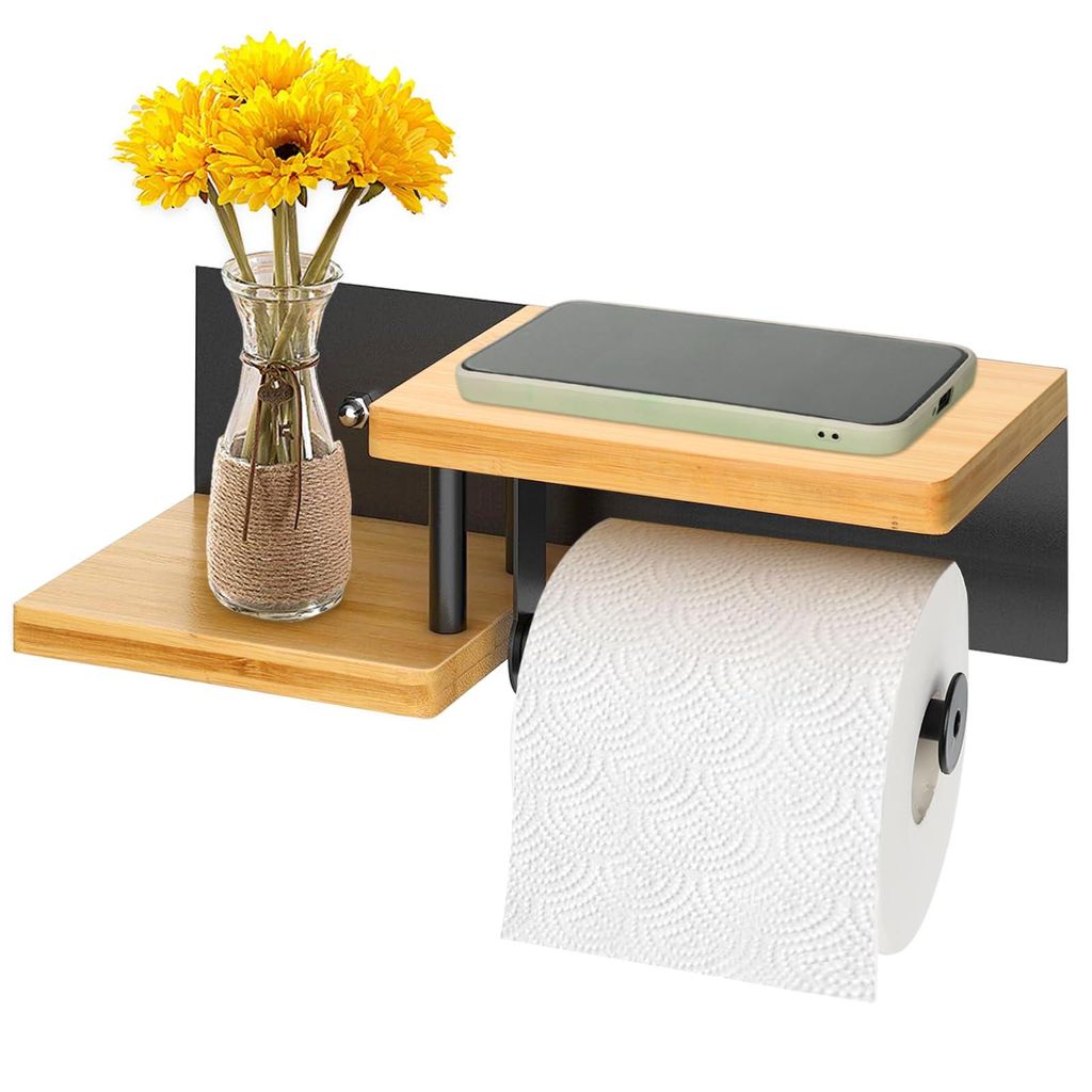 Toilettenpapierhalter Klorollenhalter ohne Bohren, Klopapierhalter aus Stahl & Bambus, WC Rollenhalter Papier Halterung für Bad und Küche