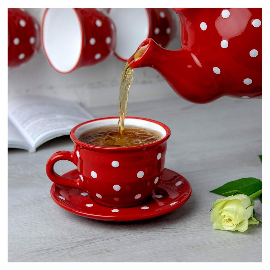 Keramischer Kaffeebecher Teetasse 350 ml Rot und Weiß, Polka Dots Handgefertigte Kaffeetasse mit Untertasse, Cappuccino Tasse