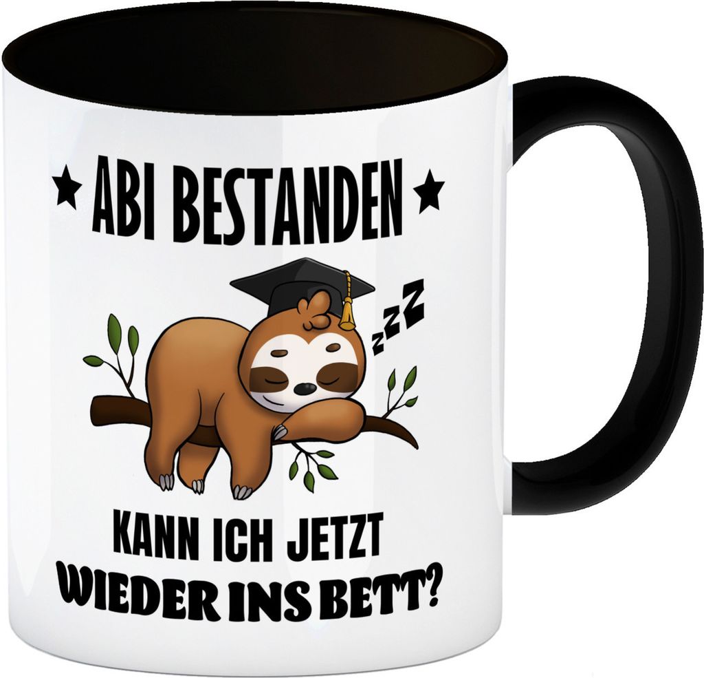Faultier Abitur Kaffeebecher in schwarz mit Spruch Abi geschafft zurück ins Bett