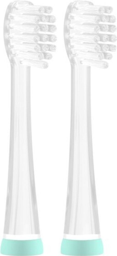 Two toothbrush heads with transparent bristles and mint green bases are shown against a white background.