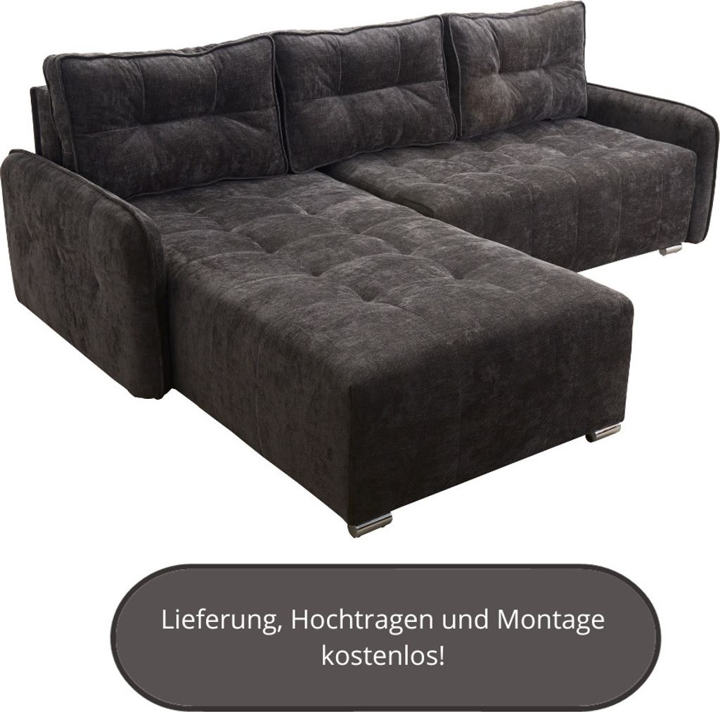 Ecksofa MORIS II mit Schlaffunktion - Ecke wechselbar - L-Form - Bettkasten, 3 Kissen, Dunkelgrau
