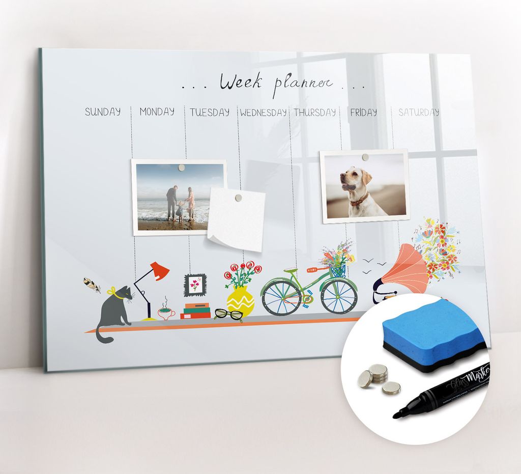 Magnetpinnwand Memoboard - Zubehörsatz - Schwarzer Marker + Schwamm + Magnete - 60 x 40 cm - Wochenplaner