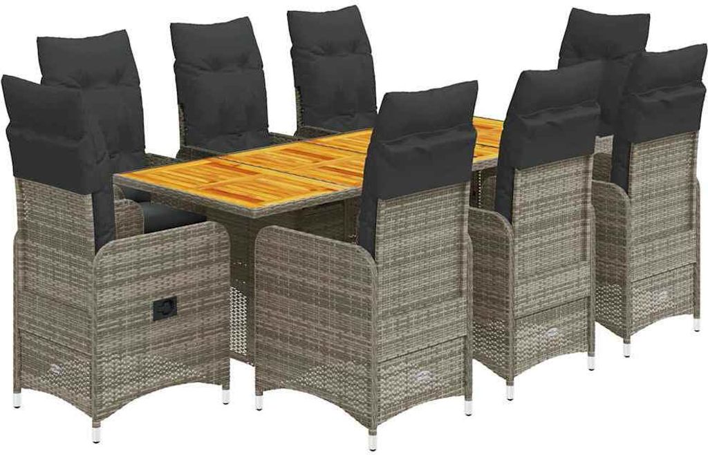 vidaXL 9-tlg. Garten-Bistro-Set mit Kissen Grau Poly Rattan