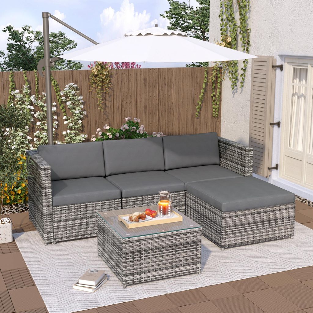 Polyrattan Gartenmöbel-Set, Lounge-Sofagarnitur , Ecksofa, Couchgarnitur mit Sitz- und Rückenkissen, Lounge-Tisch mit Glasplatte, Grau
