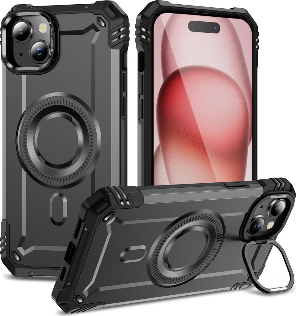 Magnetisch Hülle für iPhone 14 Plus/iPhone 15 Plus, Heavy Duty Militärischer Stoßfest Handyhülle Kamera-Ringständer Grau