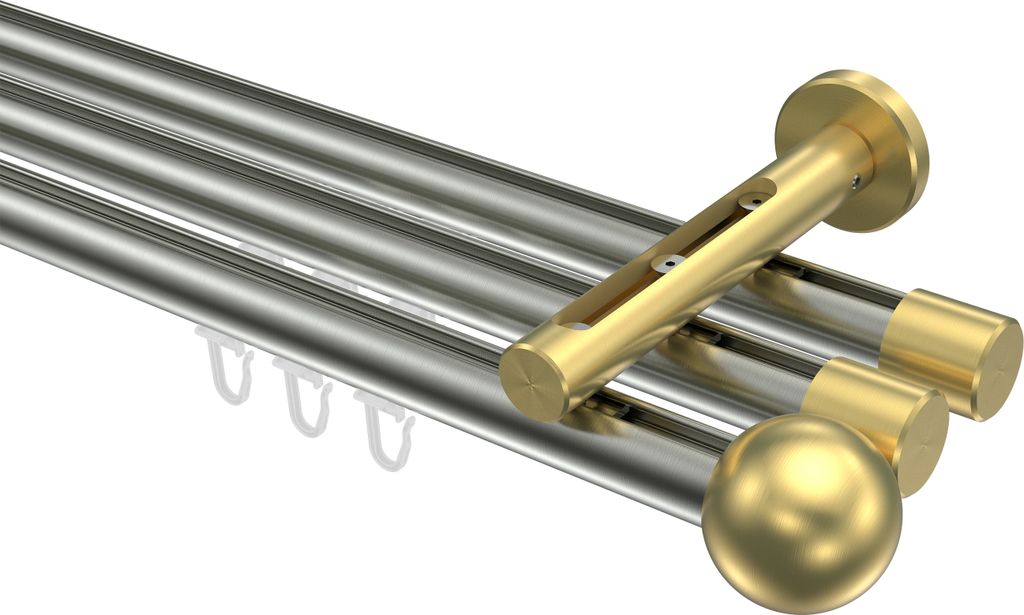 Interdeco Innenlaufstange / Gardinenstange mit Innenlauf Edelstahl-Optik / Messing-Optik, Typ Siteno Luino (Kugel), 20 mm Ø 3-läufig, 200 cm