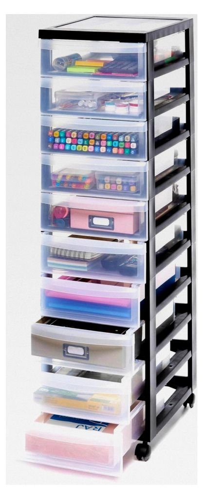 Kunststoff-Schubladenbox mit Rollen, 10 flachen Schubladen, Schwarz, Griffe zum Ziehen, Für Schlafzimmer, Bad, Schule und Büro, BPA-frei, Schubla...