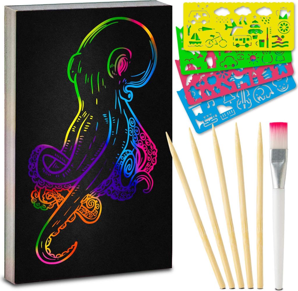 Kratzbilder Set für Kinder und Erwachsene I 45 Blatt I Regenbogen Kratzpapier zum Zeichnen und Basteln I mit Schablonenlinealen, Holzstiften, Stickern und Pinsel I A4 29,7 cm x 21cm