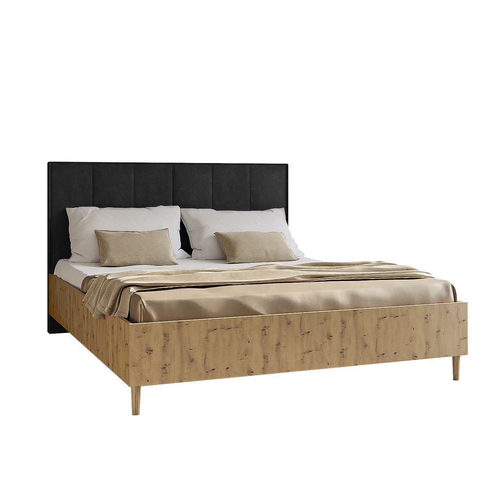 Doppelbett Luk II 160 x 200 cm ohne Matratze Bett mit Lattenrost Kopfteil mit Bettkasten ohne Nachttisch (Eiche artisan, Jasmine 100 – schwarz)