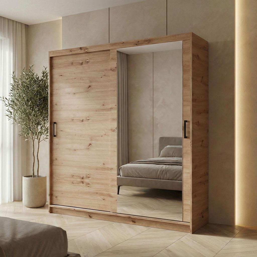 BEAUTYSOFA | Schwebetürenschrank HELA 180 cm Eiche Artisan – 2-türig Moderner Kleiderschrank mit Spiegel, Schiebetüren und Schubkasteneinsatz