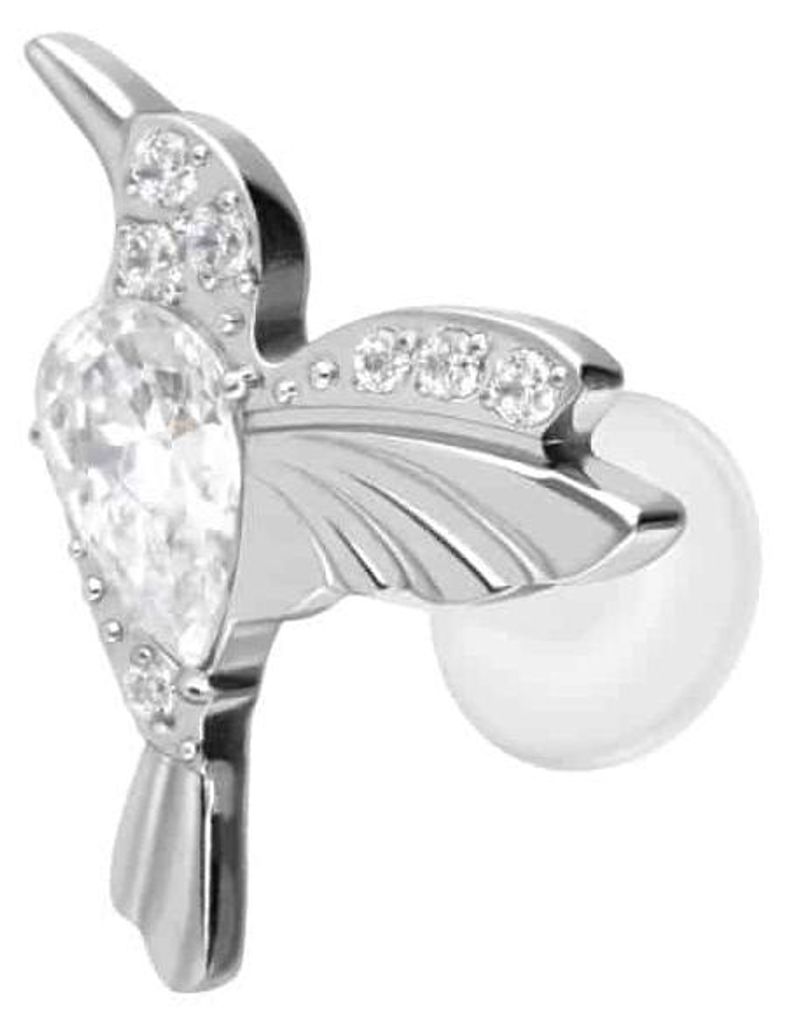 Ohrpiercing, Nasenpiercing PTFE Labret mit Innengewinde + Titan-Aufsatz KOLIBRI Silber Stablänge: 6mm | Stabstärke: 1,6mm