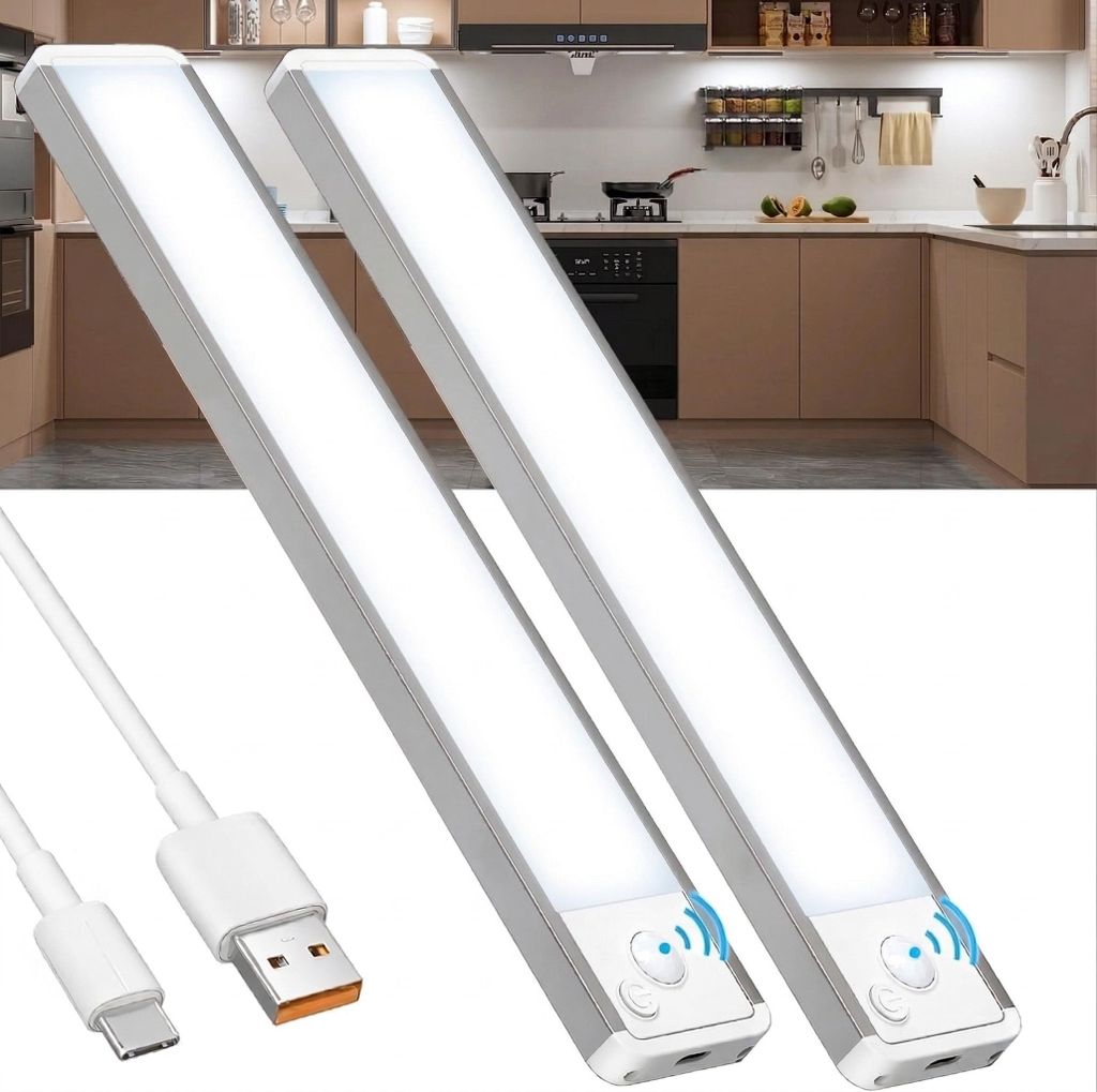 2Stk Unterbauleuchte Küche LED Schrankbeleuchtung Akku Beleuchtung Licht Batterie Schrank Leuchte Slim Bright Schranklicht Lichtleiste Kabellos Le...
