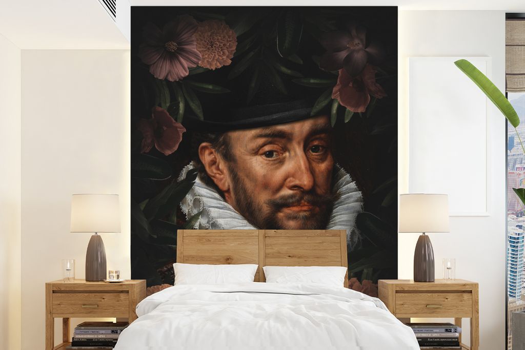 MuchoWow Fototapete für Wohnzimmer oder Schlafzimmer Wandtapete Vinyl Motivtapete Wilhelm von Oranien - Adriaen Thomasz - Blumen - 190x260 cm - ...