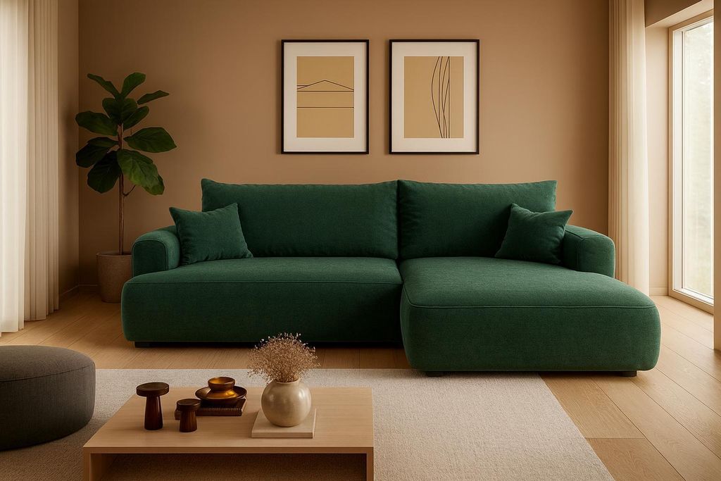 Ottimo Ecksofa L – mit Bettkasten, Schlaffunktion, beigefarbener Samt. Seite: Rechts, Tkanina: Castel_39