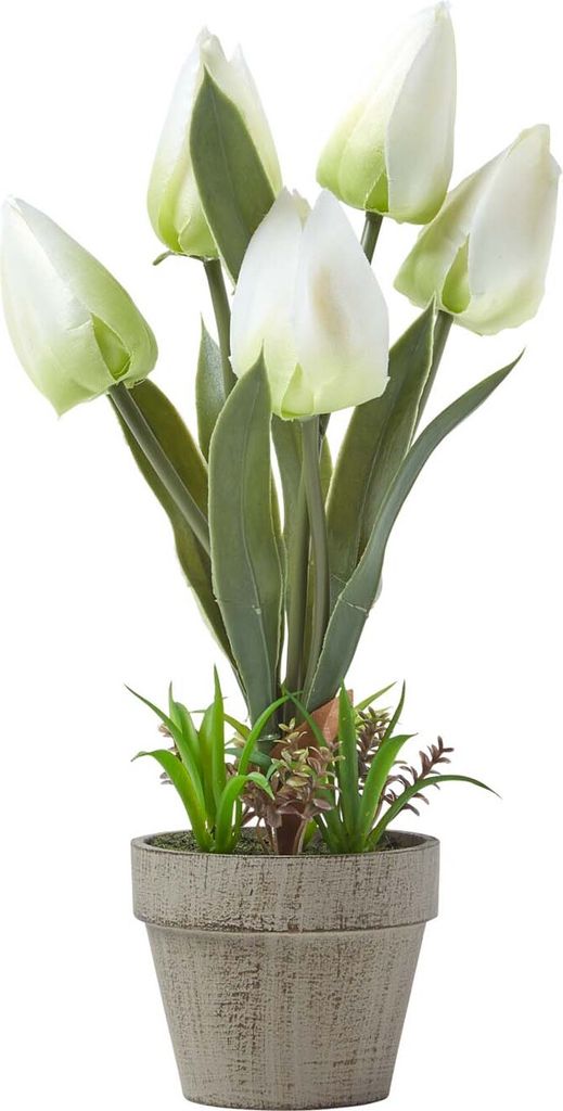 HOMESCAPES Kunstblumen Tulpen in Zellstoff Topf 27 cm hoch, weiß