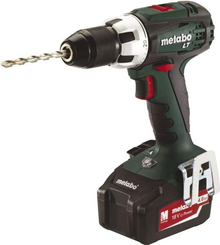 A cordless drill with a drill bit attached, shown against a white background.