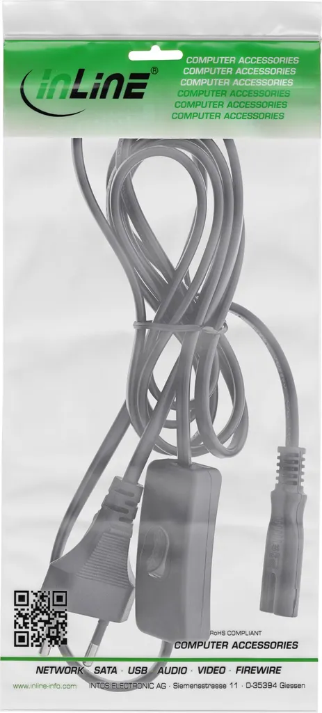 Câble d'alimentation Euro InLine avec interrupteur CEE7/16 C7 noir 2m - 2