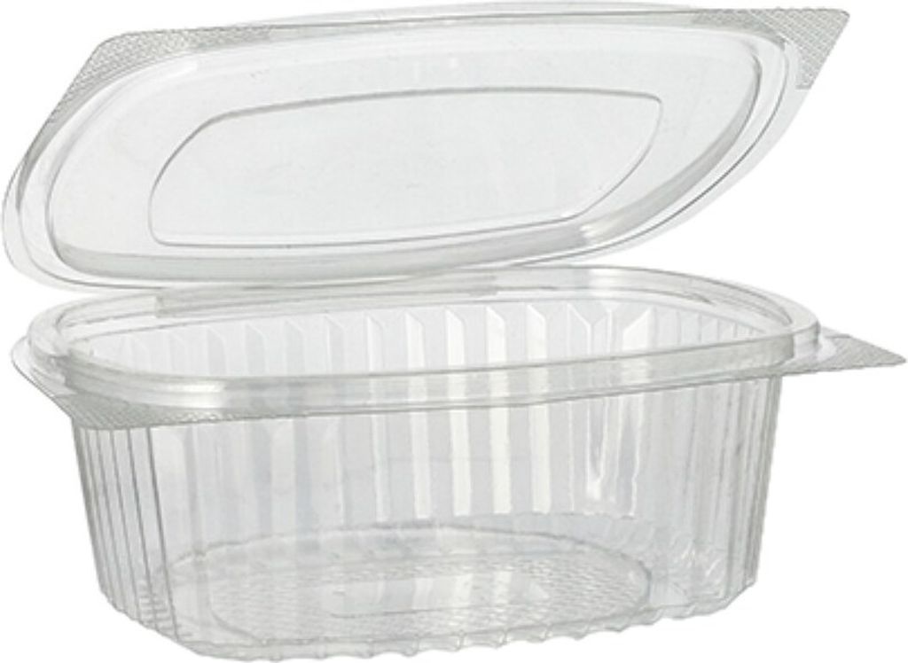 A clear plastic food container with its lid open, shown against a white background.