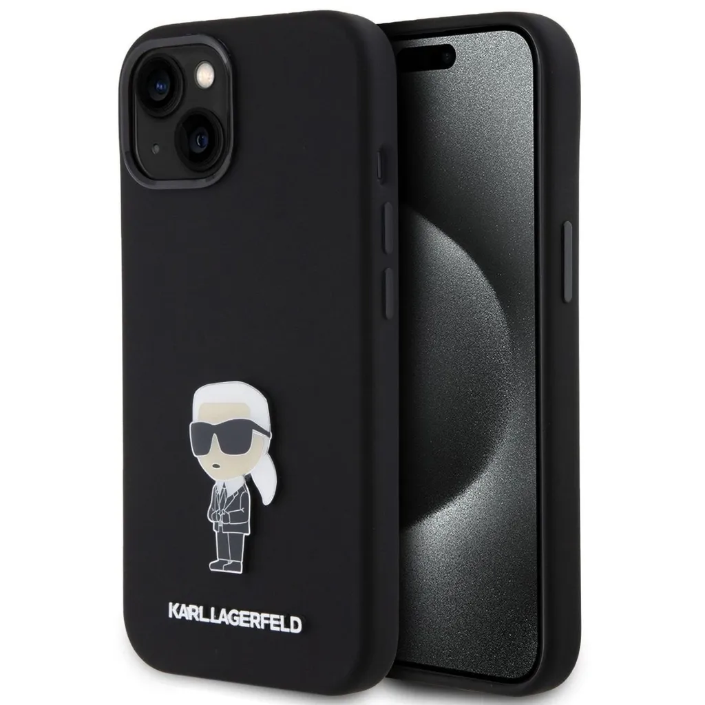 Cover iPhone 15 Karl Lagerfeld Silicone Nero Metal Ikonik - Look da Re